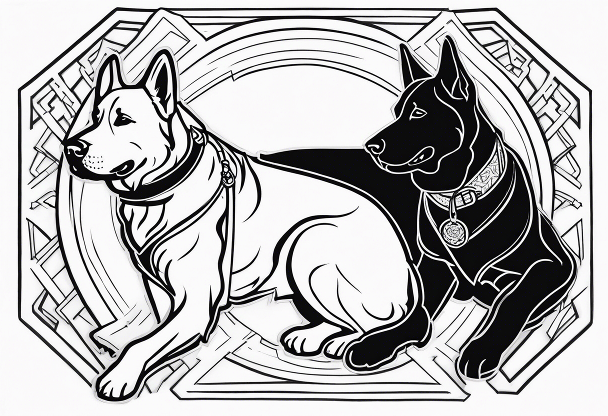 a golden retriever and a german shepherd both in jujitsu gis including belt tattoo idea