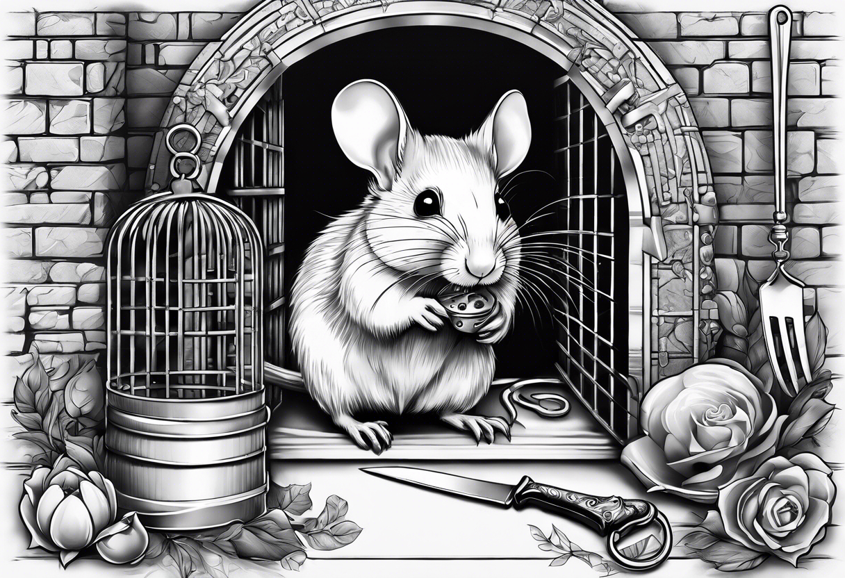 Rodent with a chef knife and prison cell key tattoo idea