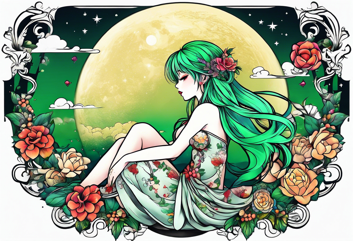 fairy with green hair, eating cake under the moon, tripping balls tattoo idea