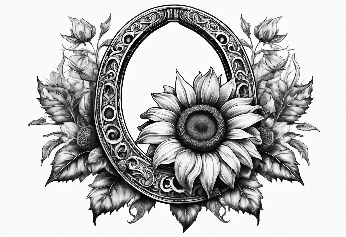 Realistic Horseshoe around a sunflower tattoo idea