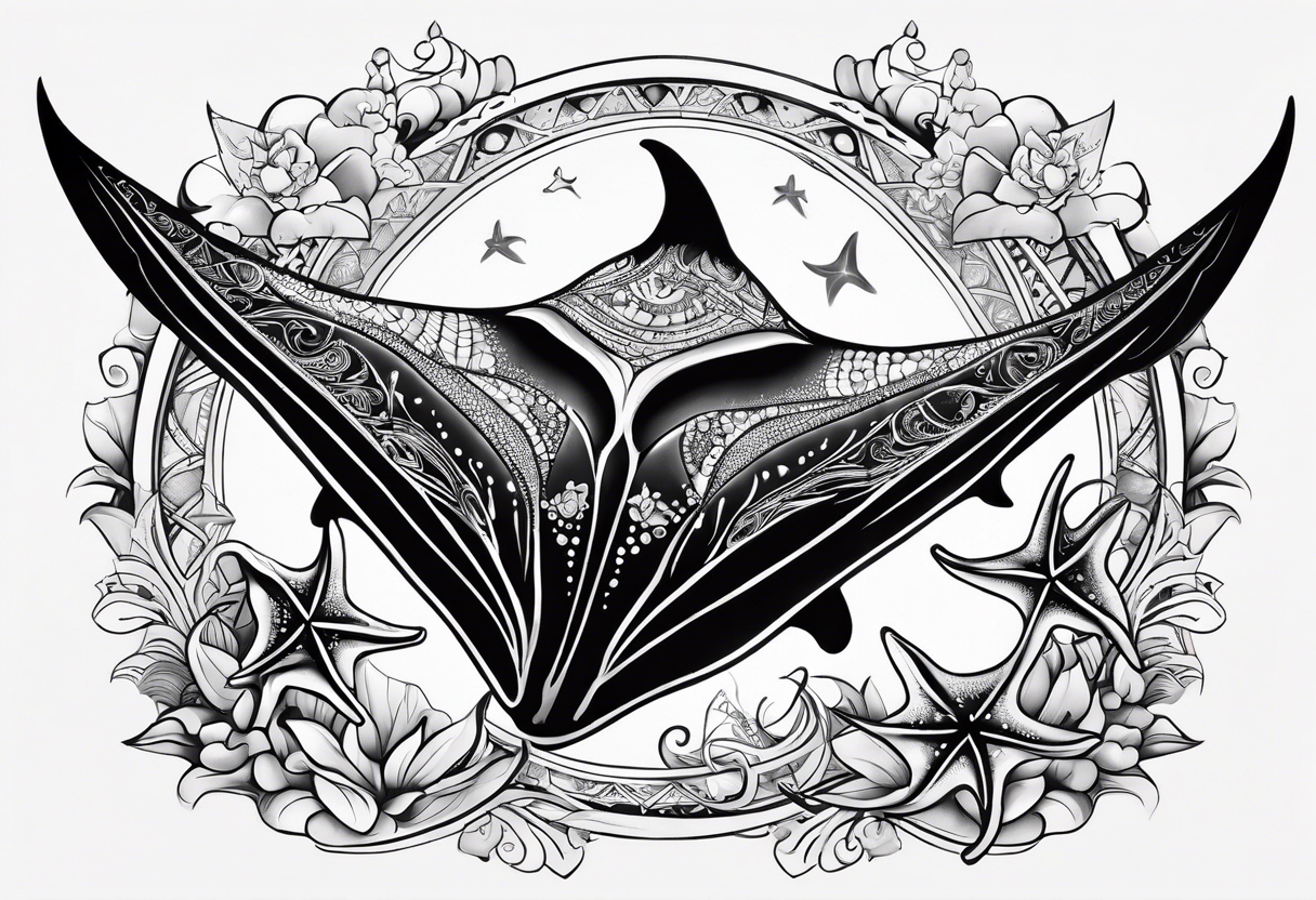 A manta ray with a sea star as a polynesian tattoo. A smaller tattoo for female forearm or wrist tattoo idea