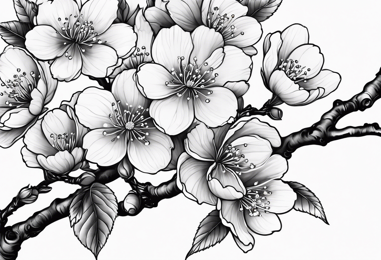 cherry blossoms with leaves and buds along branch tattoo idea