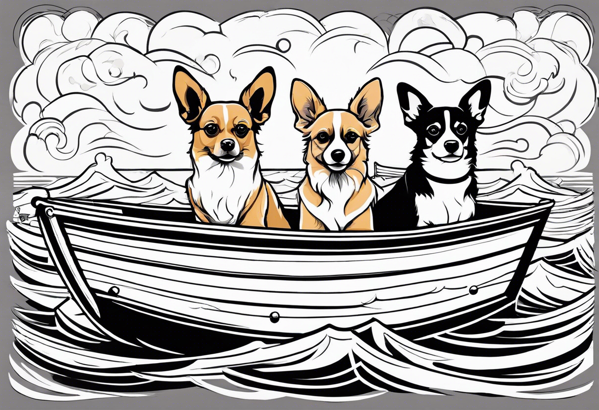 two dogs in a boat. One dog is tan with big ears like a chihuahua. The other dog looks like a corgi with floppy ears. The boat's name is McNamara tattoo idea