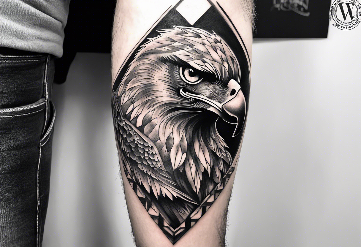 Black and grey leg tattoo of a Hawk beside a wolf in nature tattoo idea