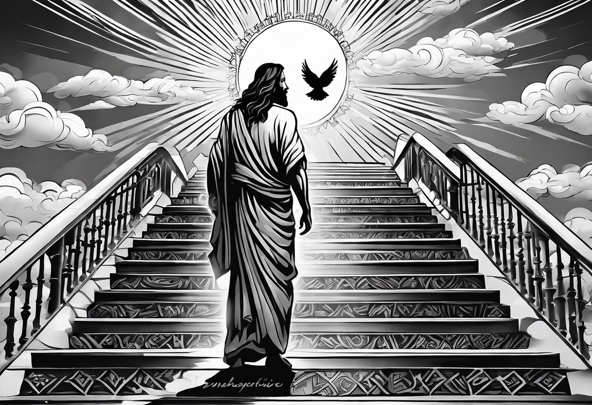 Jesus standing on a flight of stairs looking down with clouds, sunshine and a dove in the background on the upper arm tattoo idea