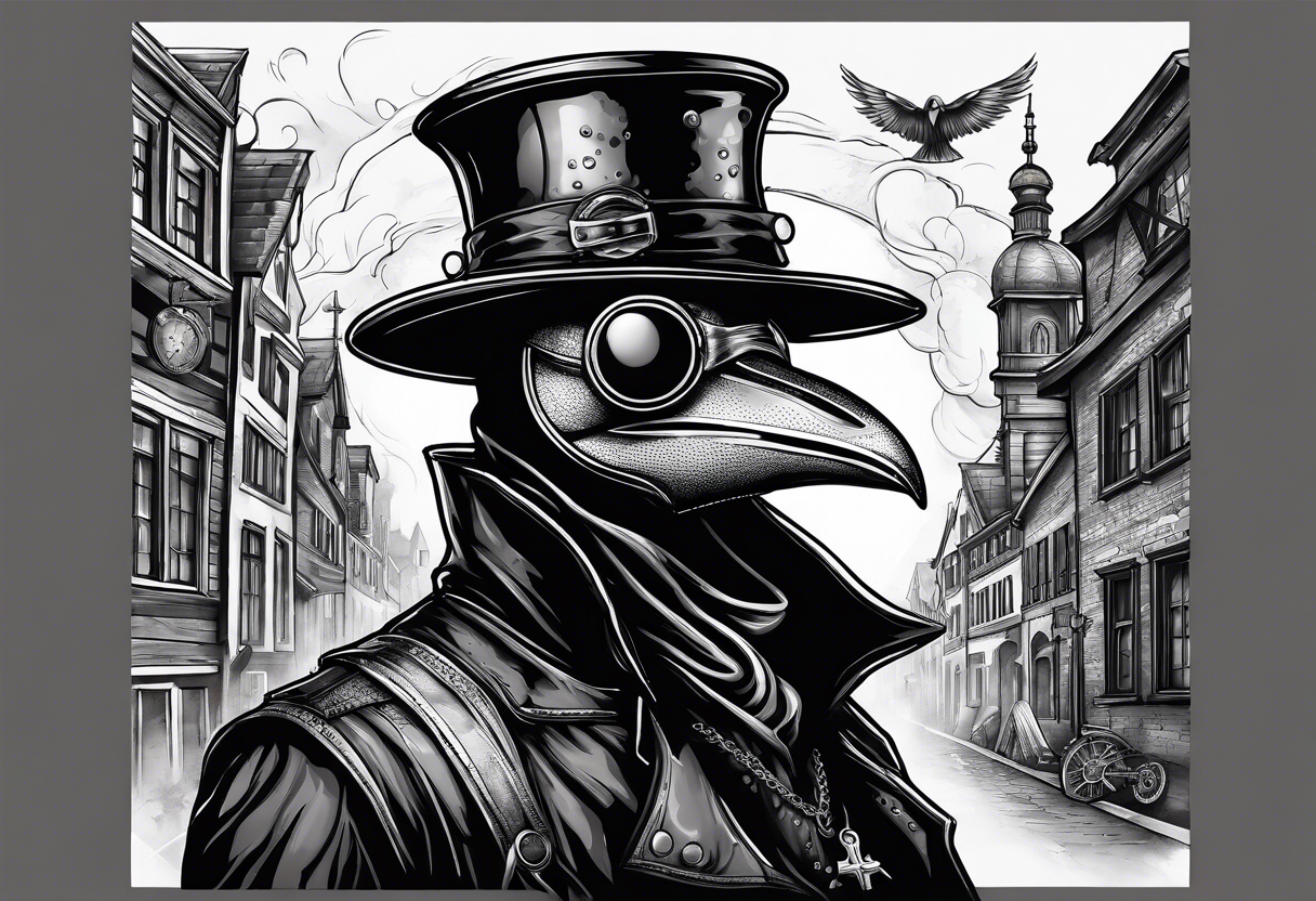 steampunk plague doctor 
city background tattoo idea