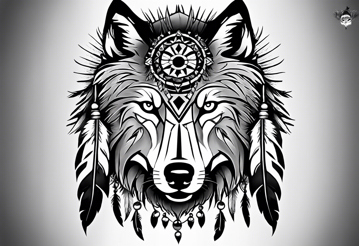 Inspired by Native American art, featuring traditional patterns and symbols like feathers and dreamcatchers integrated with the wolf’s image. tattoo idea