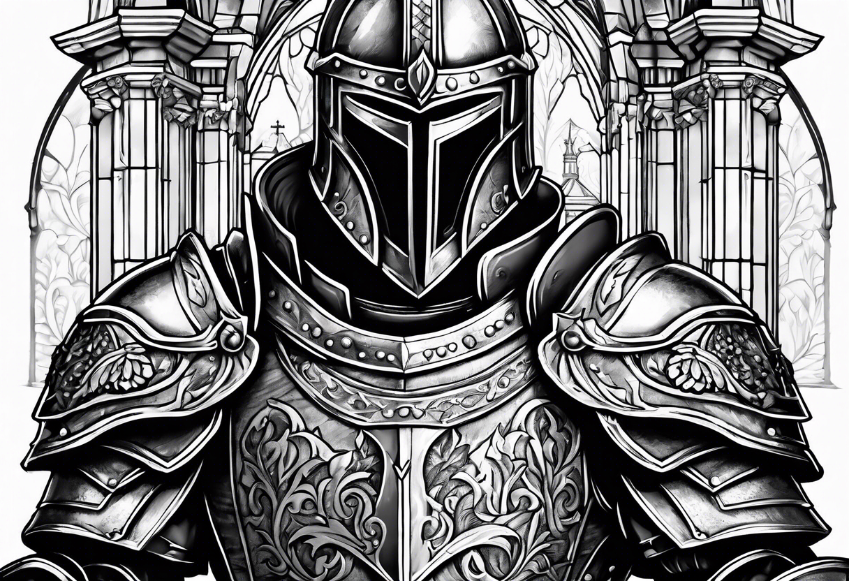 knight heavy armor in front of cathedral tattoo idea