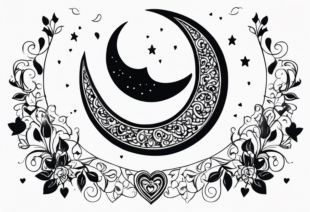 Crescent moon with hearts dangling from the bottom of it tattoo idea