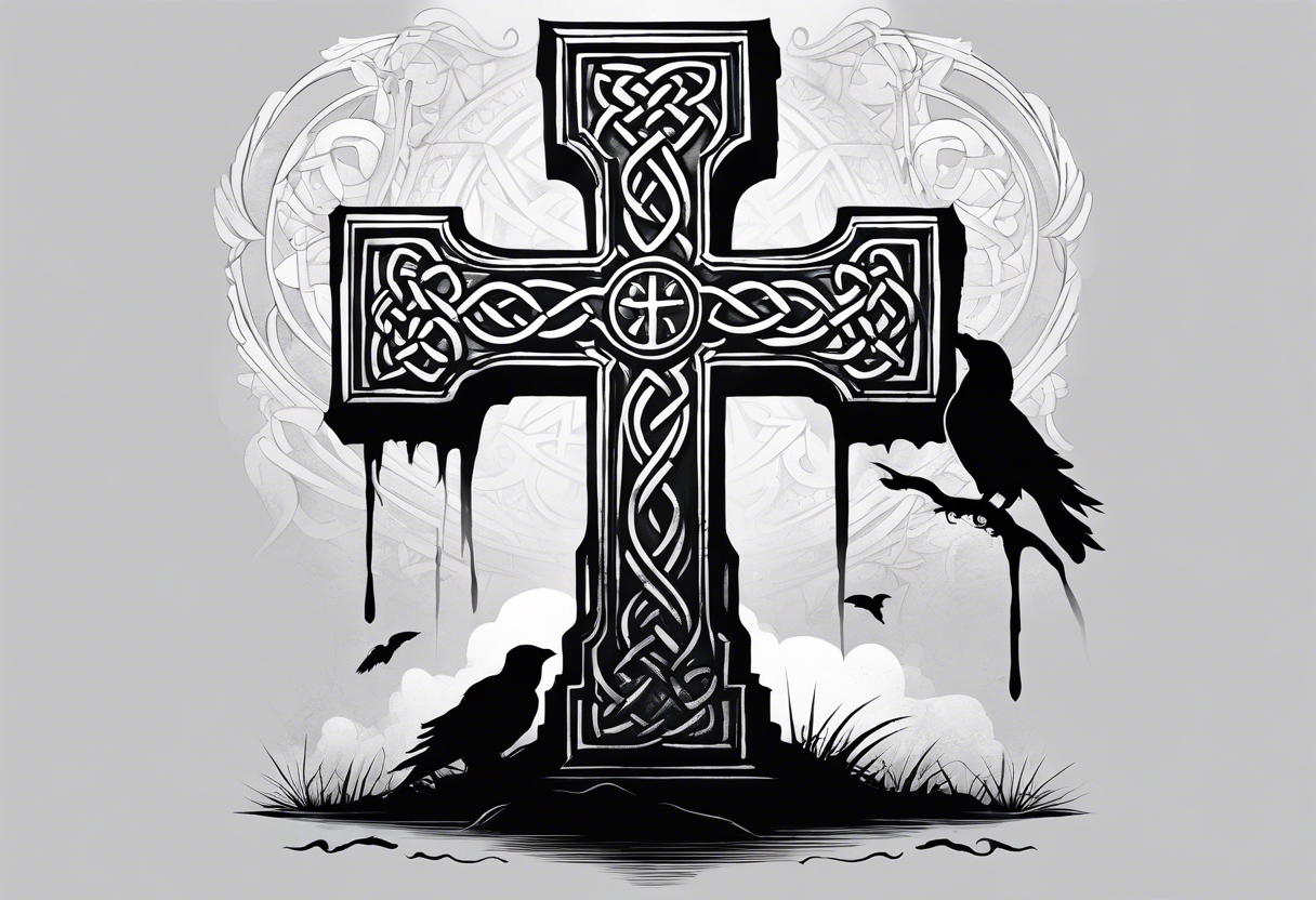 A stone Celtic cross, standing alone in the fog, with a raven perched on the arm of the cross tattoo idea