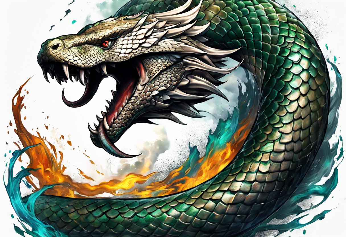 a Sleeve tattoo of jormungandr, the mythical giant snake from god of war the game tattoo idea