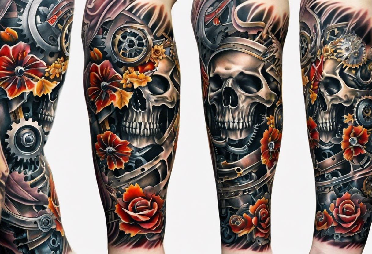 Gears cogs pistons full length arm sleeve tattoo idea
