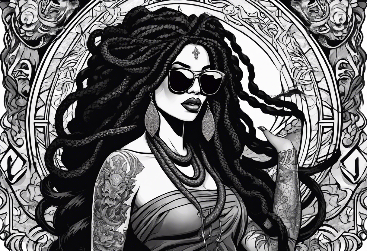 medusa as a beautiful black women with long black dreadlocks and one arm tattooed with snake skin and the other arm tattooed with marble, wearing large black sunglasses, streetwear tattoo idea