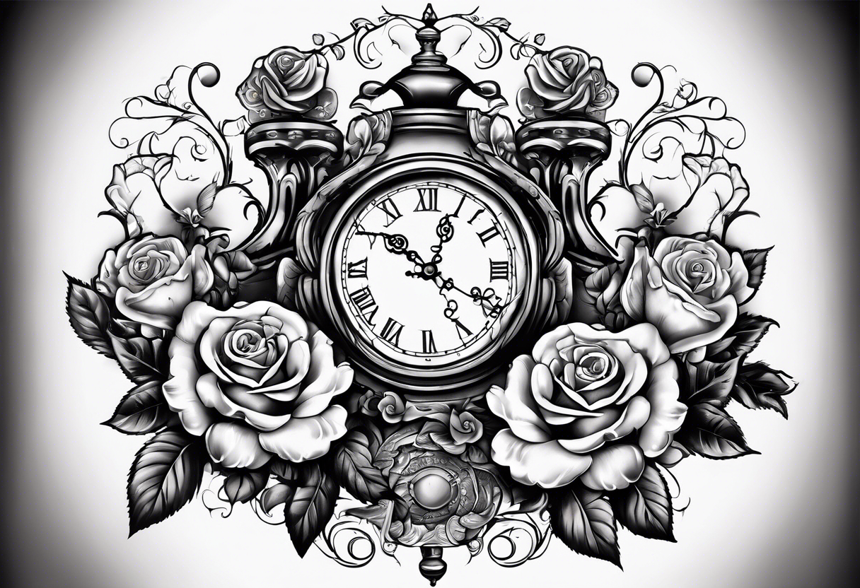 Half sleeve on arm of beautiful old fashion clock with roses, cherubs, angels, and the name chase Peter in a scroll tattoo idea