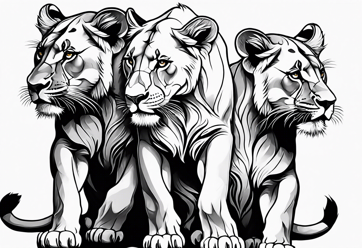 Fierce lioness on her hind legs in a fighting stance  Protecting her two cubs rib tattoo design tattoo idea