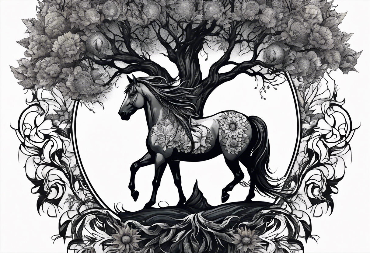 Yggdrasil tree, horse in front of it, and sunflowers tattoo idea