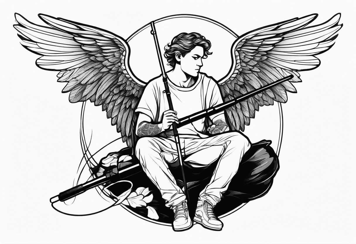 male angel with a halo sitting peacefully holding a modern fishing rod tattoo idea