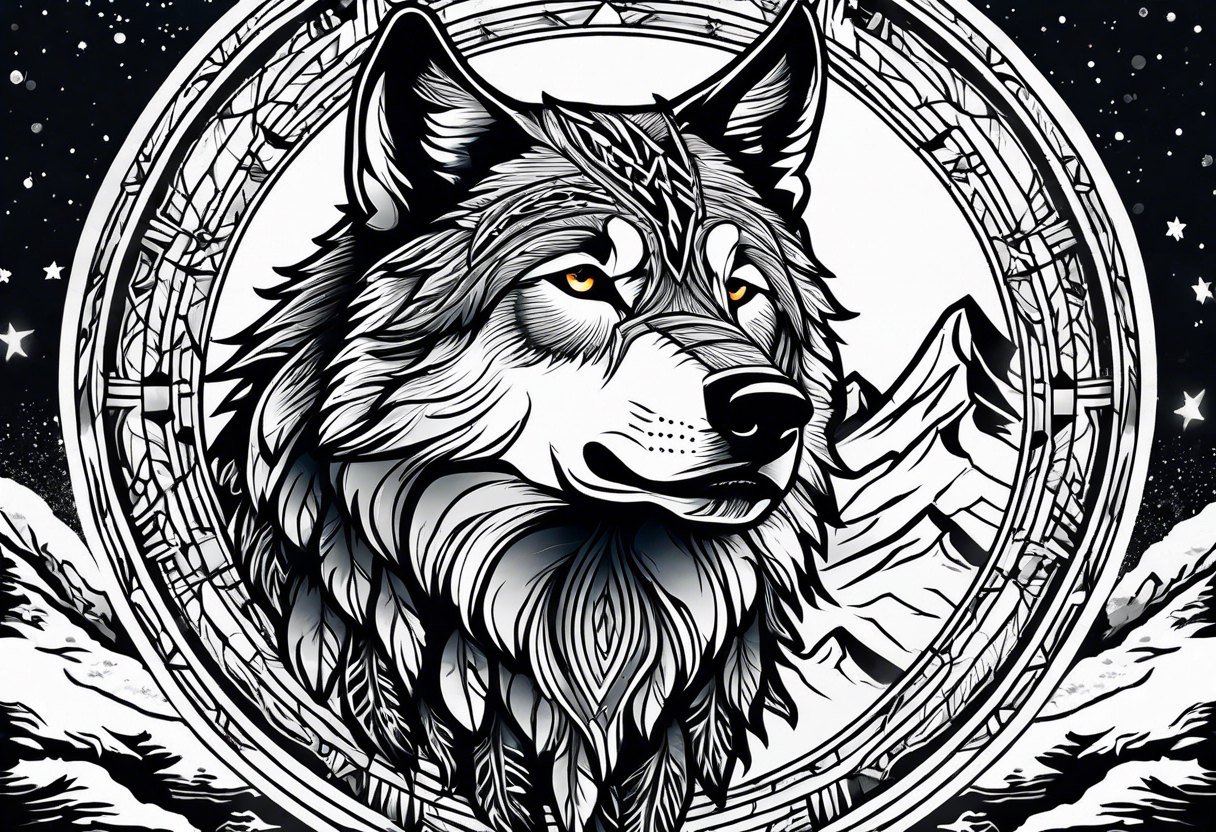 Wolf head in front of snowy mountains howling at a moon that is in a dream catcher tattoo idea