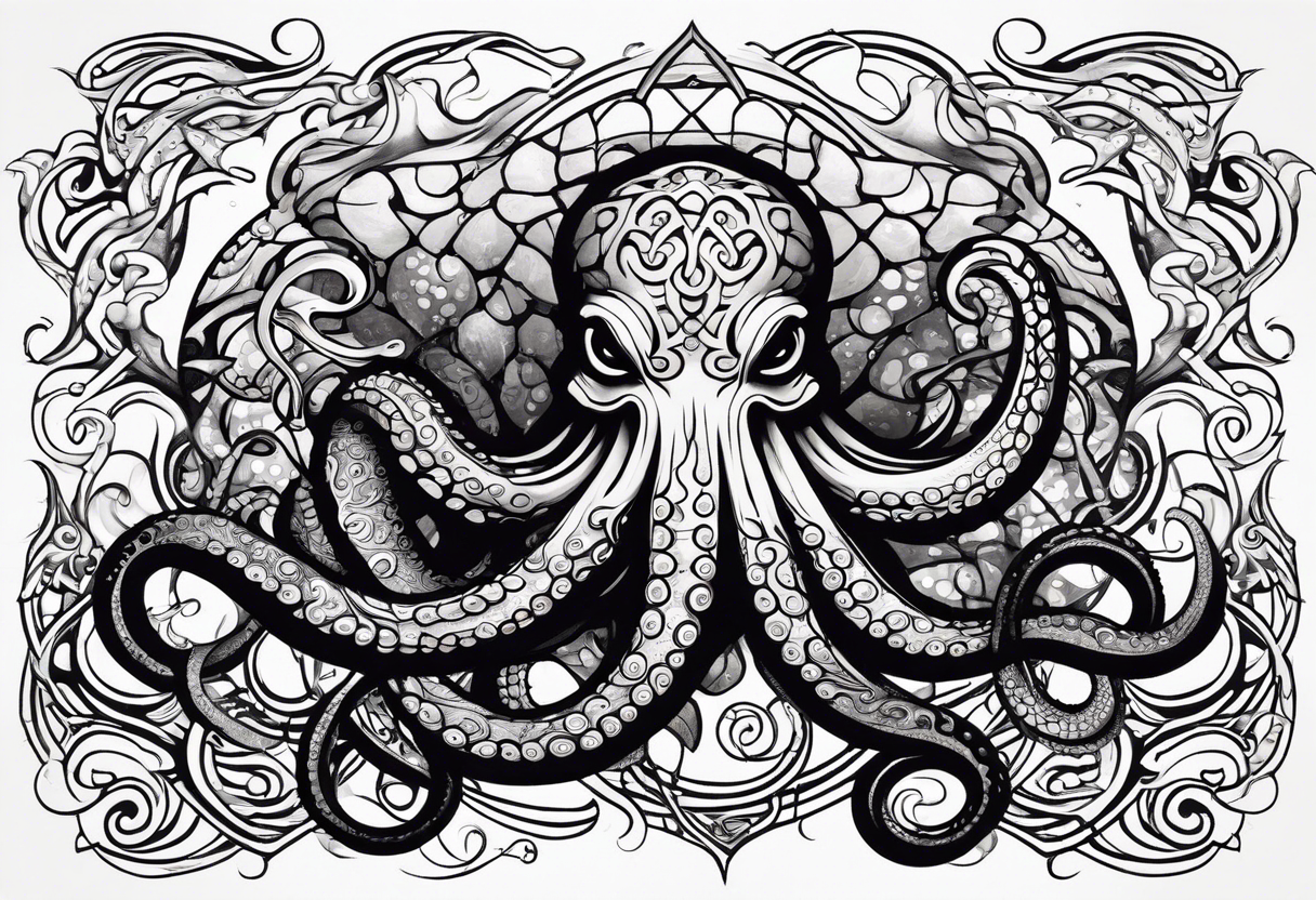 Tribal half sleeve octopus surrounded by ribbons of water waves filled with fish and a tribal sea turtle hidden in the lines of the head of the octopus tattoo idea