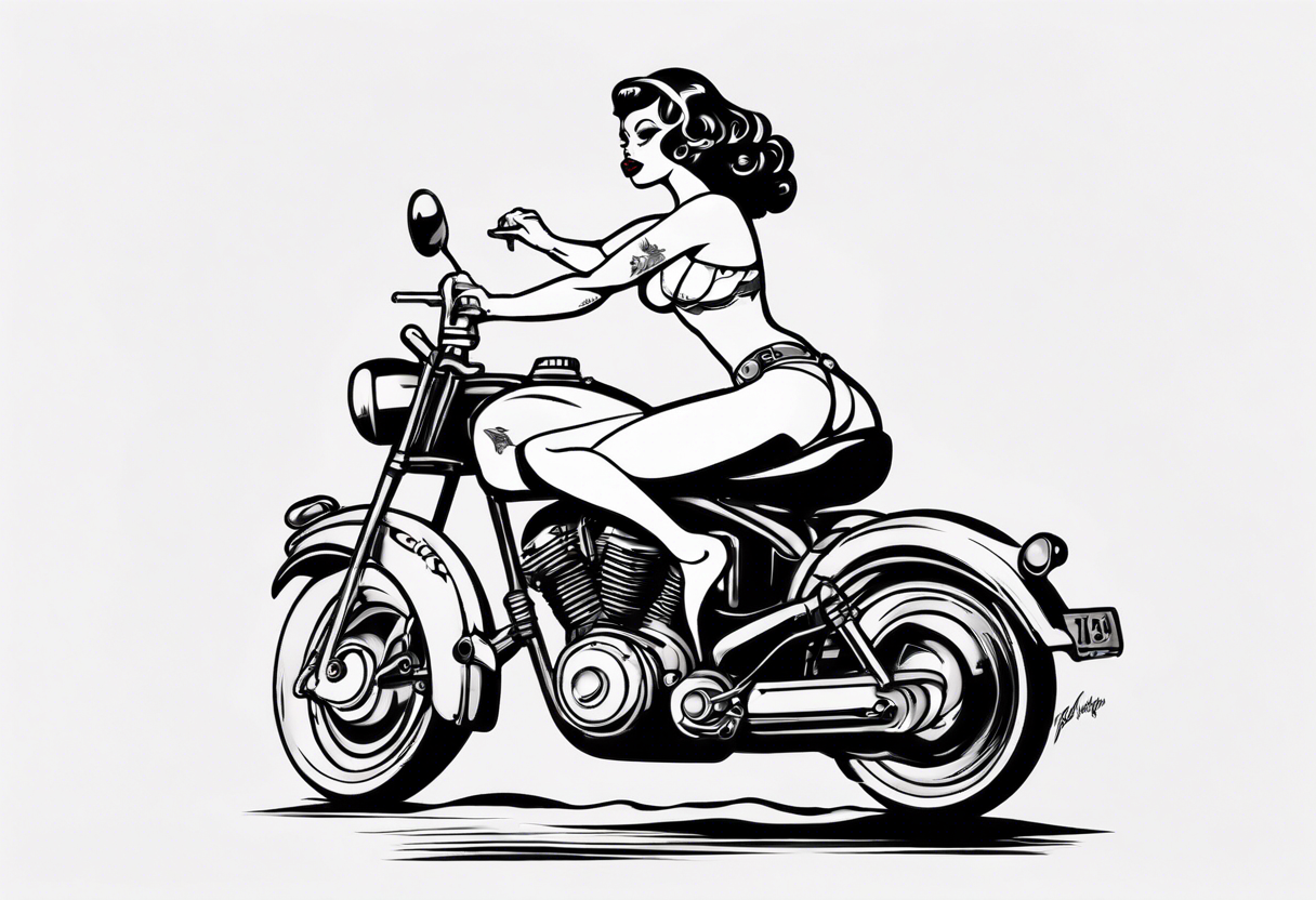 Pinup doll riding motorbike along the beach tattoo idea