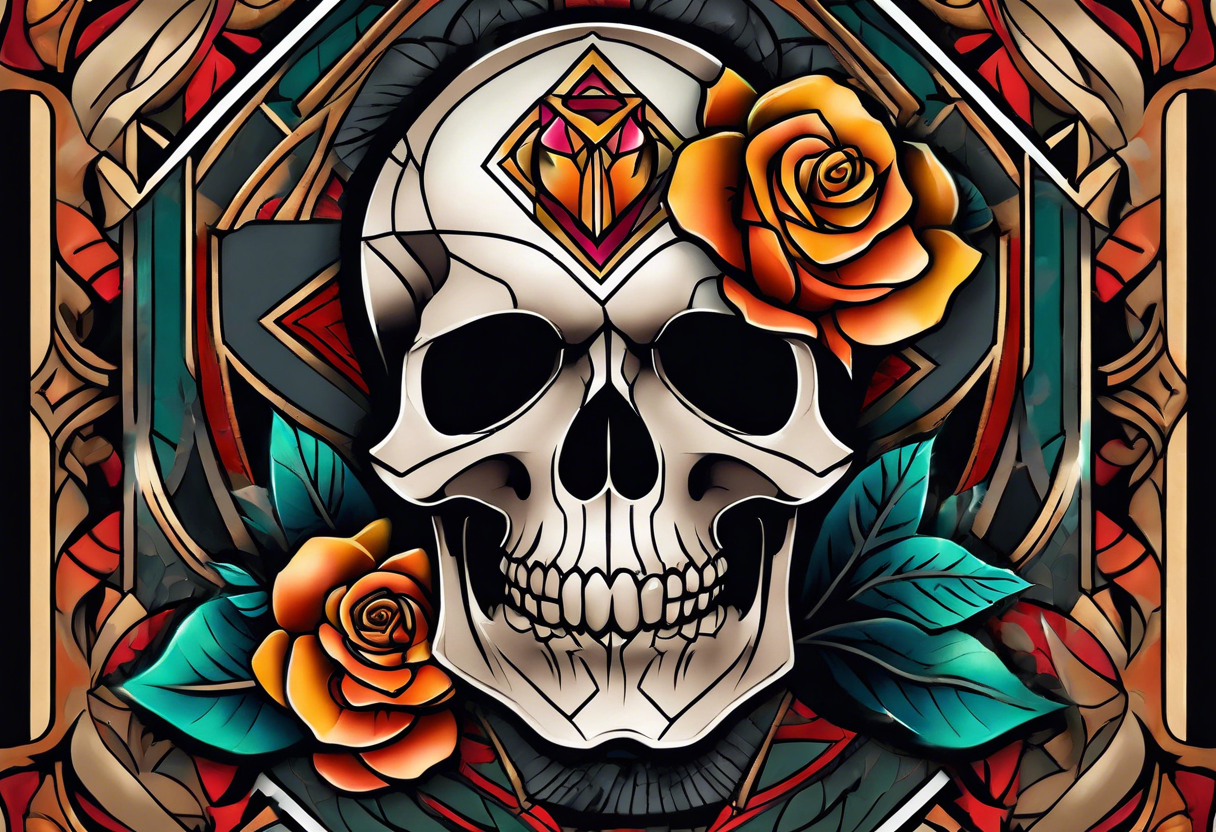 neo traditional Knee tattoo in fall colors showing a large skull with a rose in the style of Mark Mahoney tattoo idea