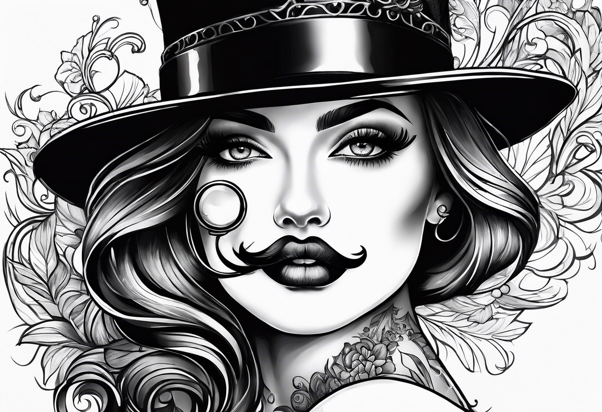 sketch style mustache, lady eyelashes and monocle tattoo idea