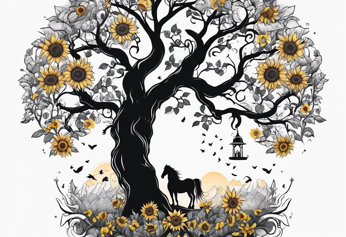 Yggdrasil tree, horse in front of it, and sunflowers tattoo idea