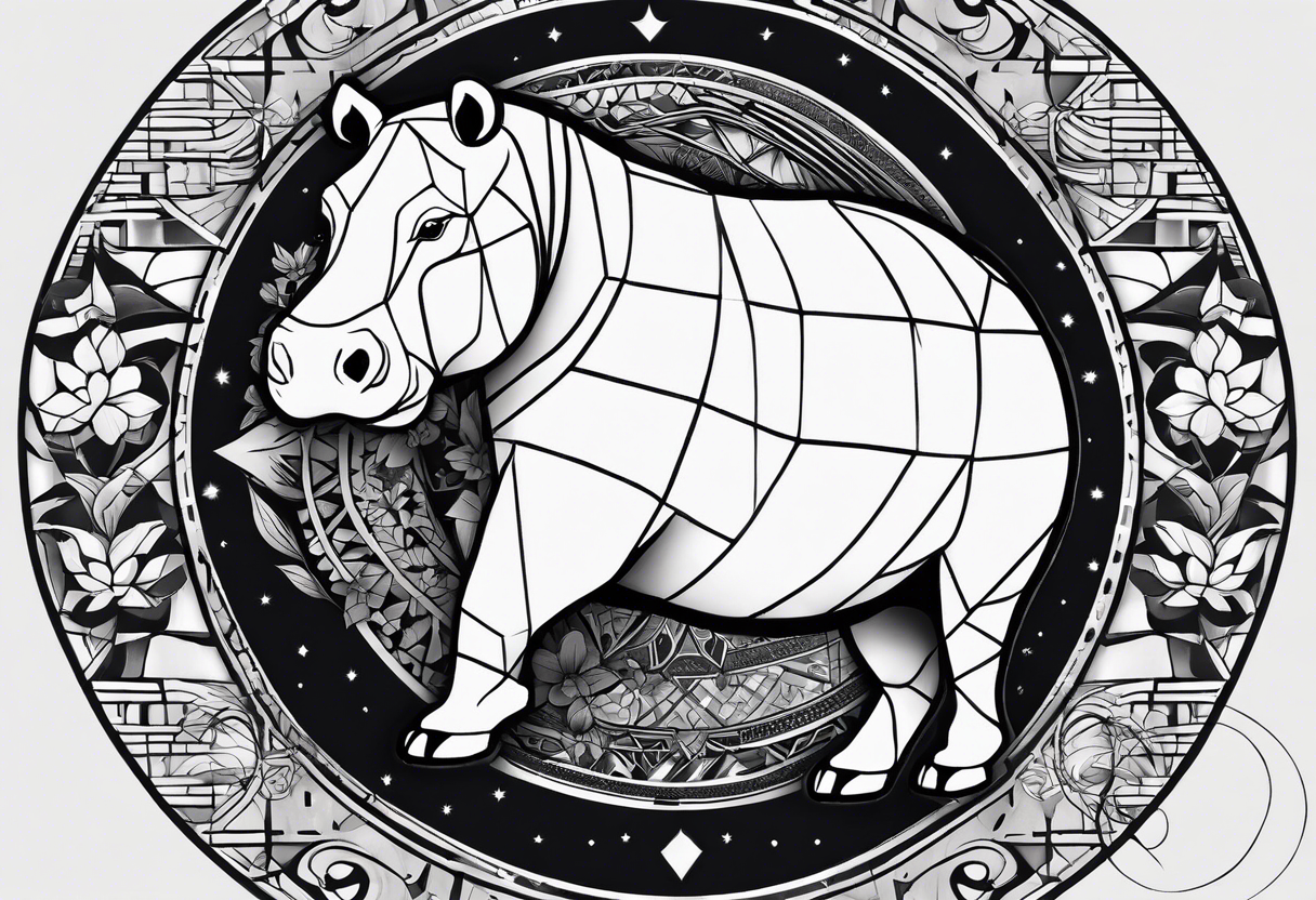 Very asymmetrical, +geometric pattern, with realistic full moon, with hippo at side look, +tribal, +geometric, +inkart , +blackwork, +grey scale, + sketch
with wintersweet flower bud, +inkart touch, tattoo idea