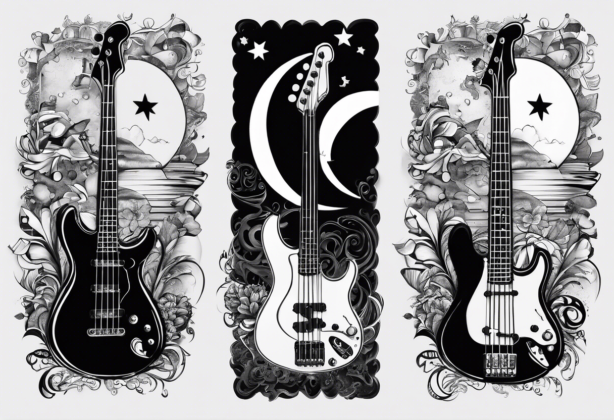 Collage for full sleeve with:
2 stars, 
1 quarter moon, 
a bass guitar, 
a caduceus symbol and 
a mickey mouse shadow tattoo idea