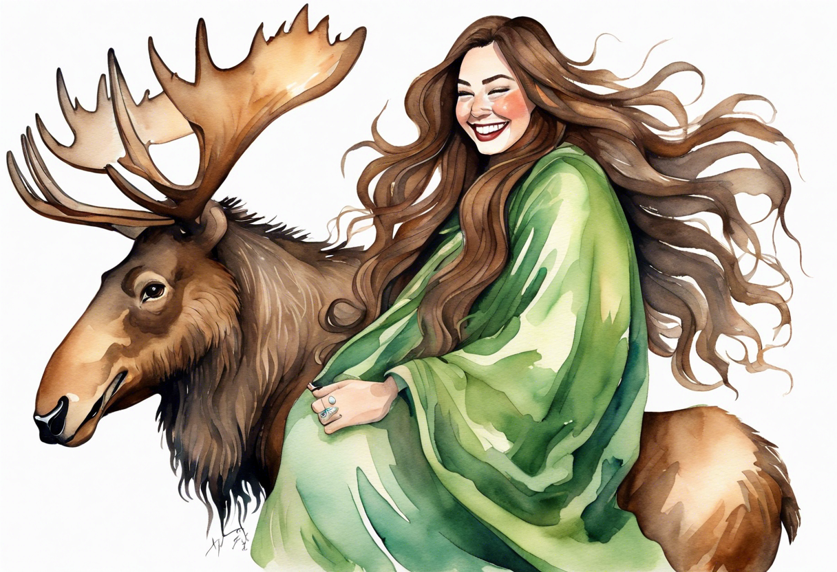 a watercolor of a curvy woman with long brown hair and brown skin and green eyes wearing a fur cloak laughing riding a moose tattoo idea