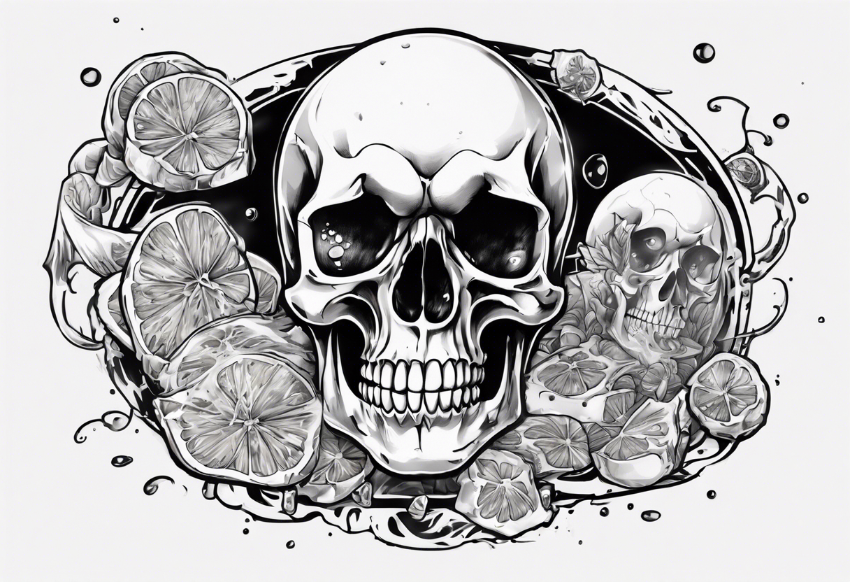 A happy, looking to the left scull, inside the glass with ice and piece of lime tattoo idea