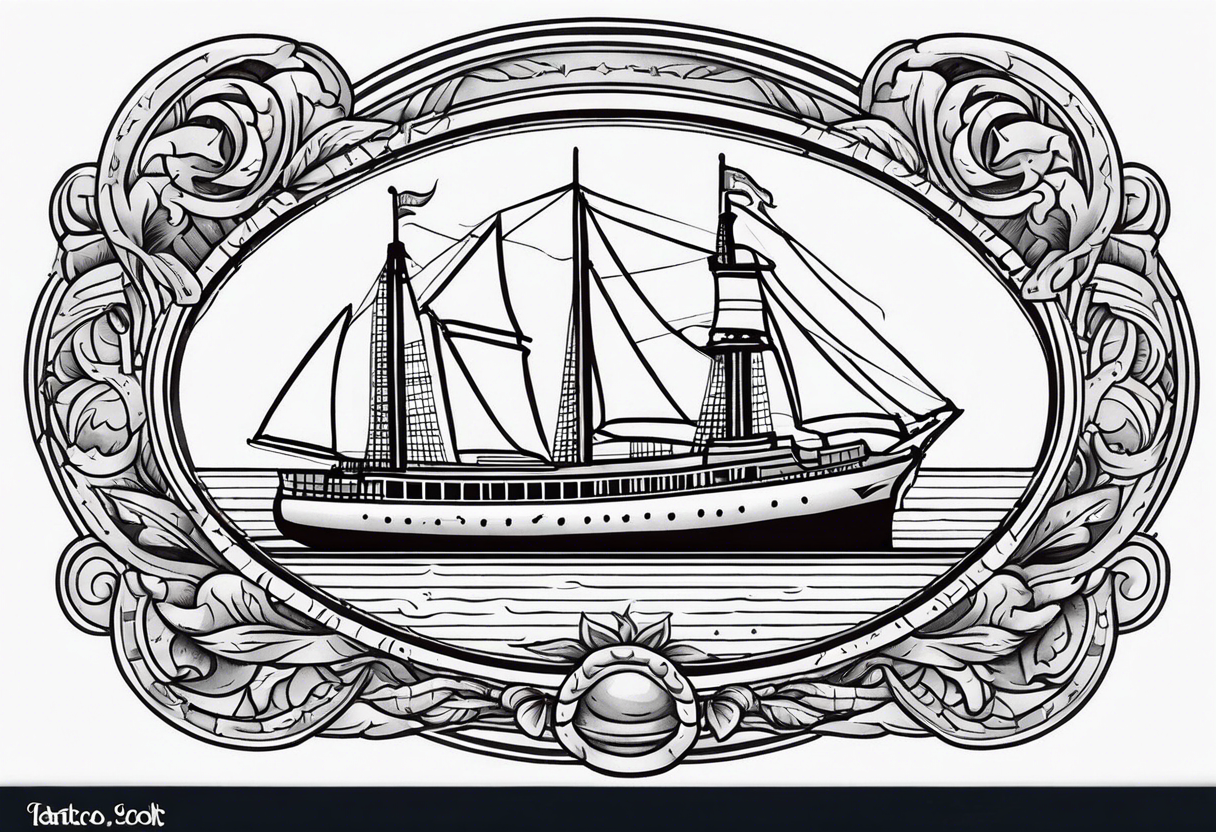 american traditional ship. oval border tattoo idea