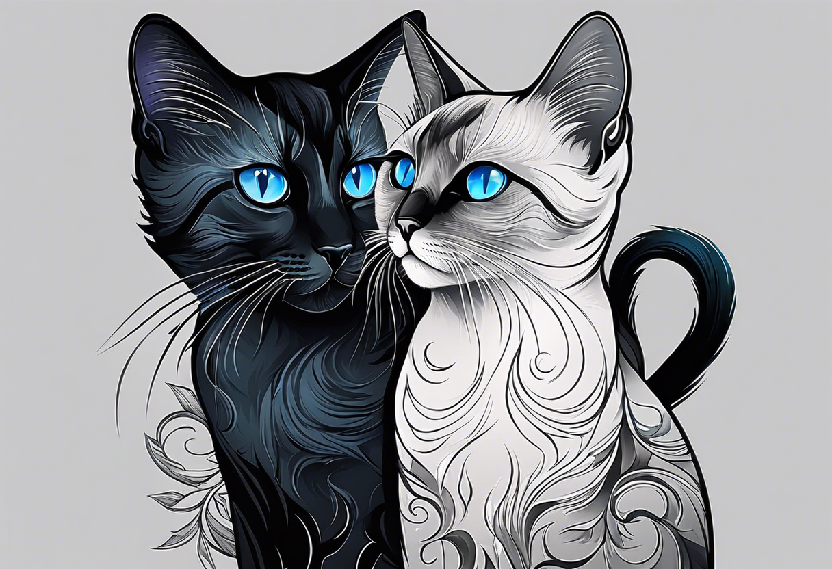 Two cats. One is medium length black and white fur, the other is a medium gray Siamese with blue eyes that are slightly crossed. tattoo idea