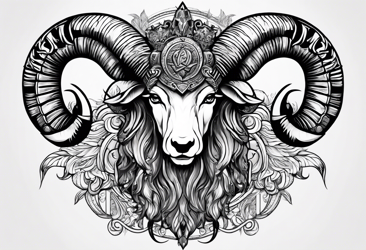 tattoo design containing the following objects: tattoo design containing the following subjects: ram's horns, warrior figure, angel tattoo idea