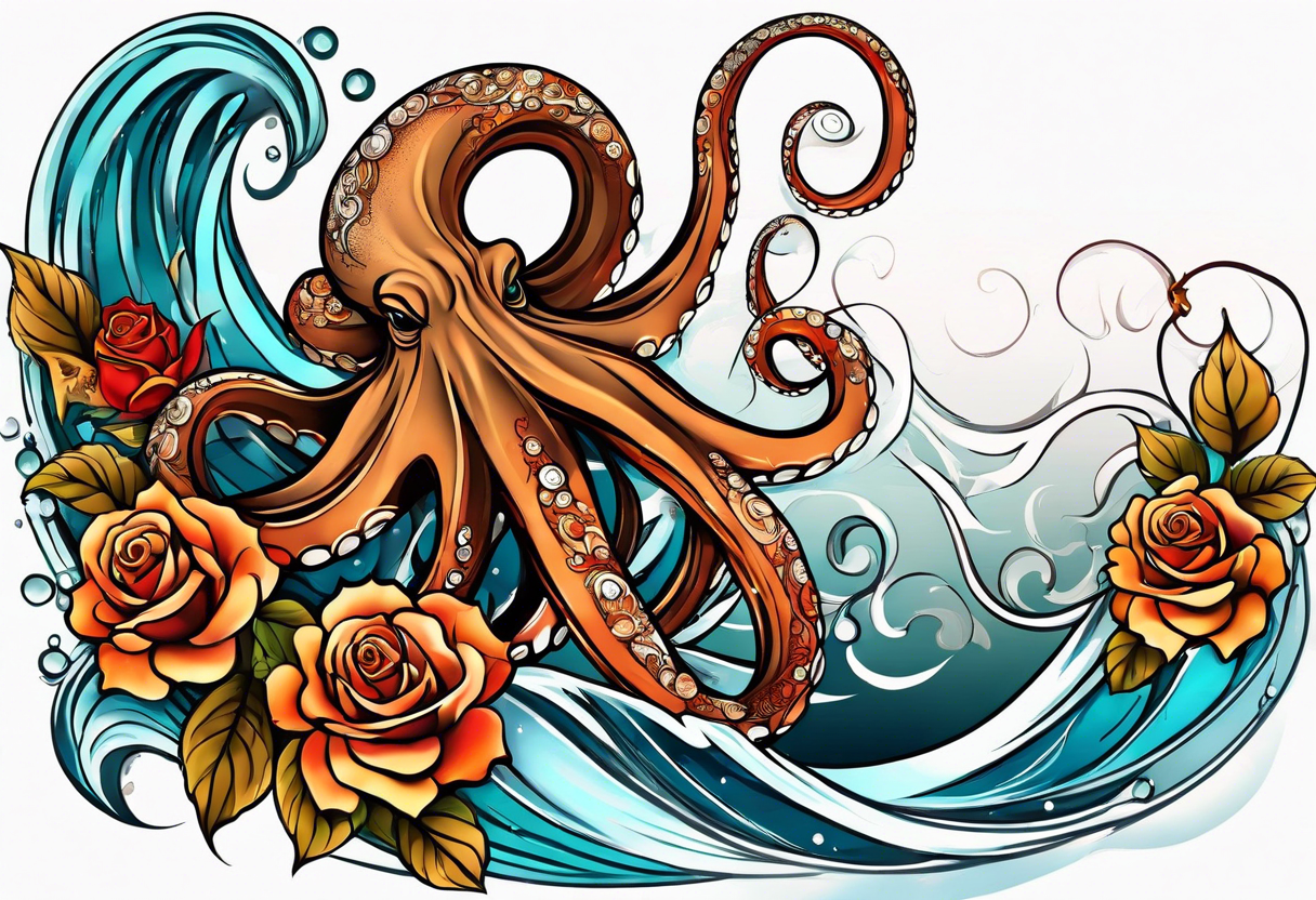 masculine abstract left thigh tattoo with a large long flowing octopus in water swirls wrapping around rocks, with a rose, in fall colors with some small leaves and fall elements tattoo idea