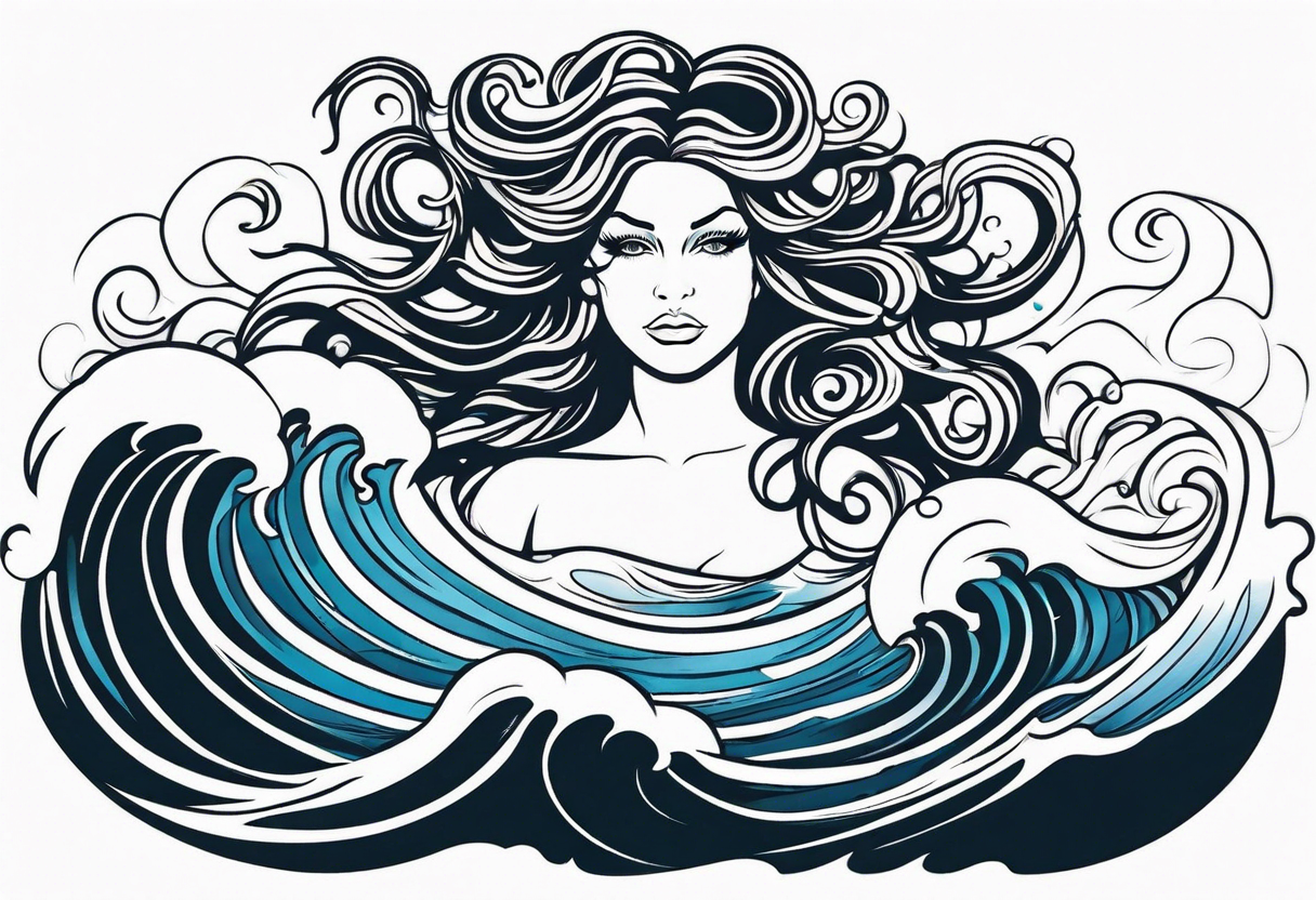 stormy sea waves, a woman in the middle of a storm, Medusa the Gorgon tattoo idea