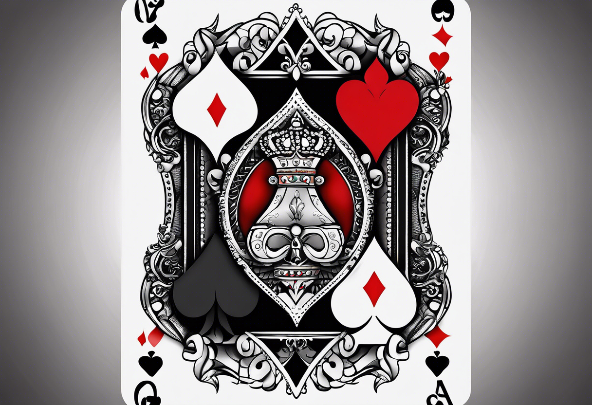 one playing card with both queen of hearts and king of spades incorporated in extreme minimalistic  style tattoo idea