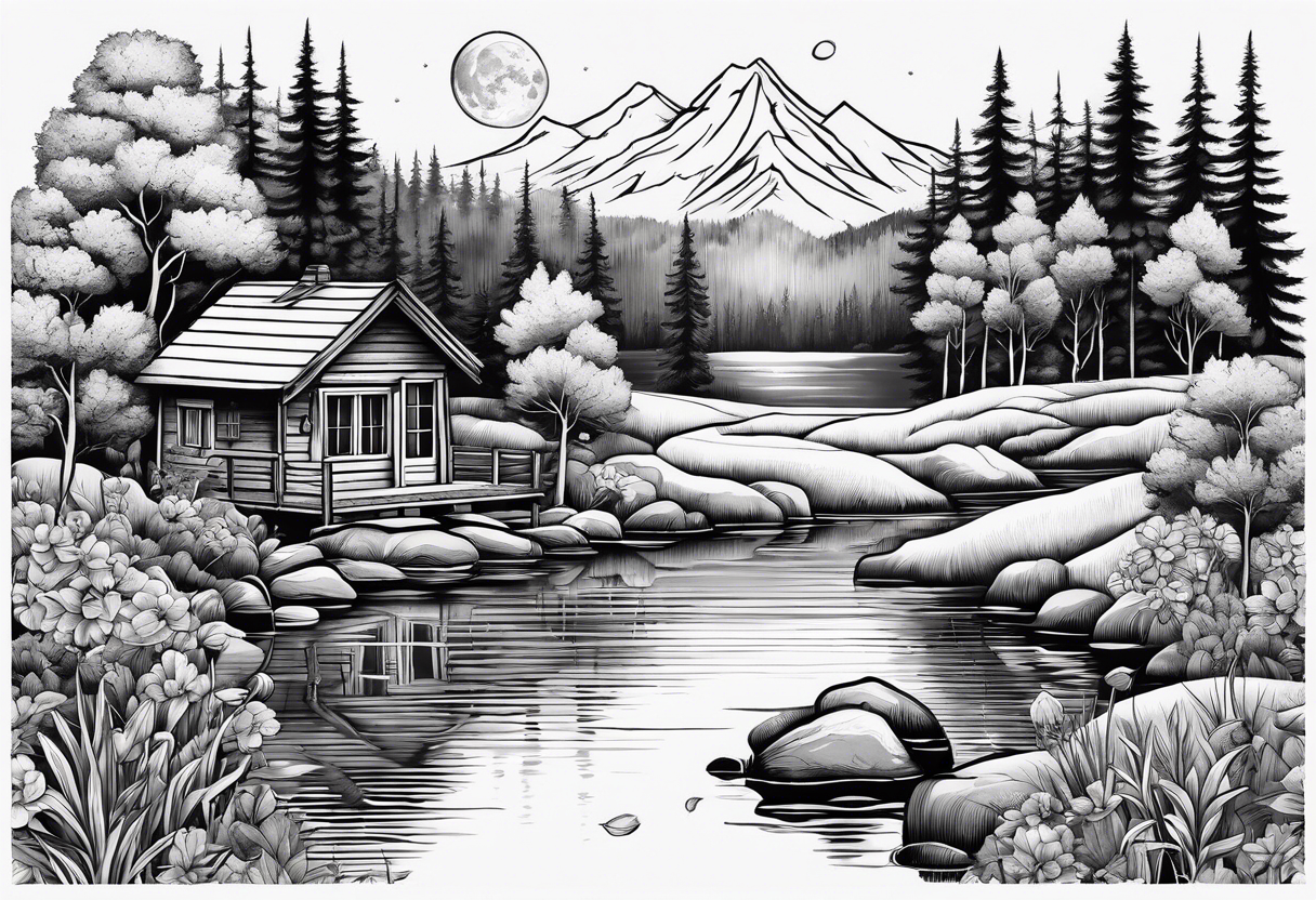 Hidden garden with lake and small cabin in woods with moon and mountains tattoo idea