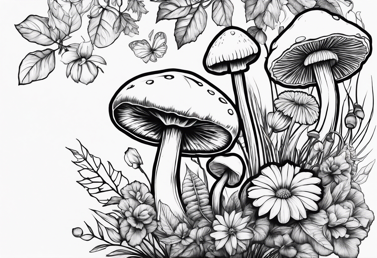 Flowers and mushroom and weeds tattoo idea