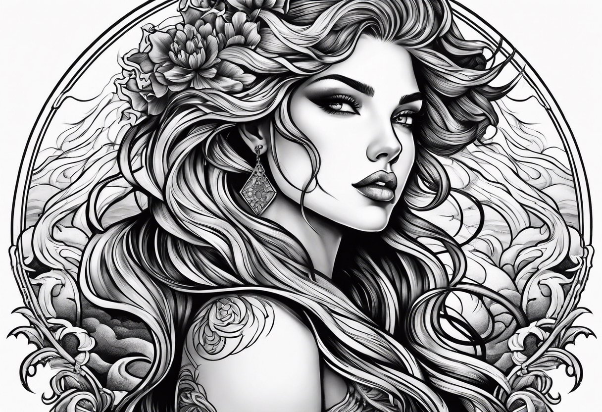 goddess, stormy sea, full length tattoo idea