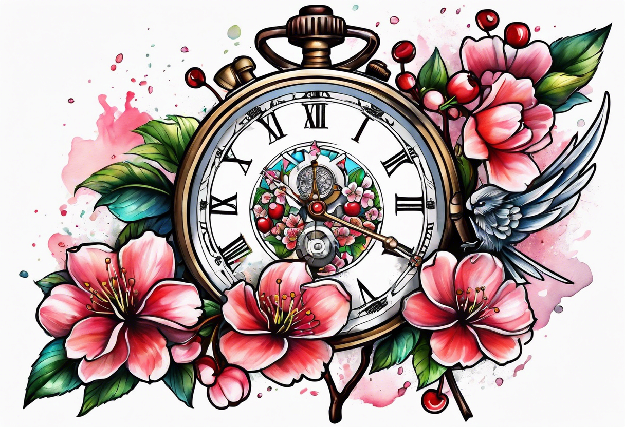 Stopwatch, sword and cherry bloom tattoo idea