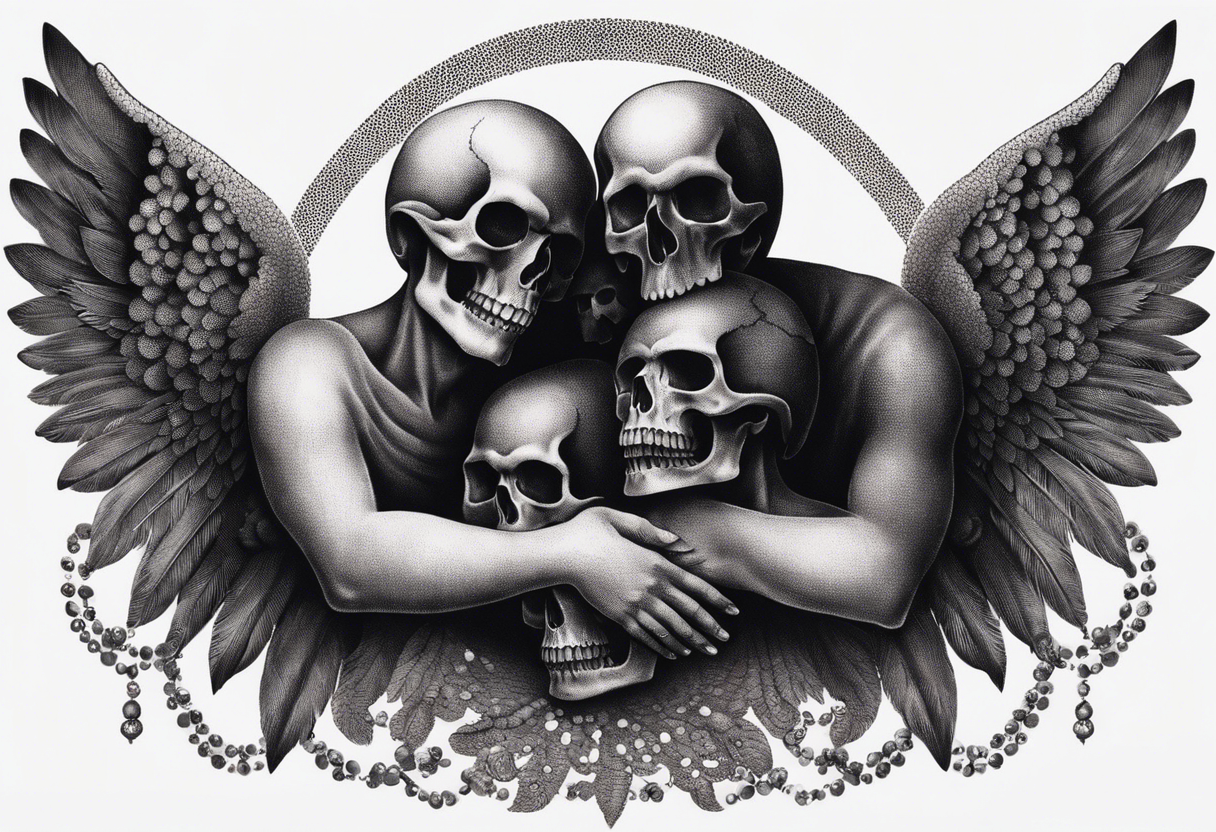 See no evil hear no evil speak no evil  skulls go down the back with angel wings wrapped around the skulls tattoo idea