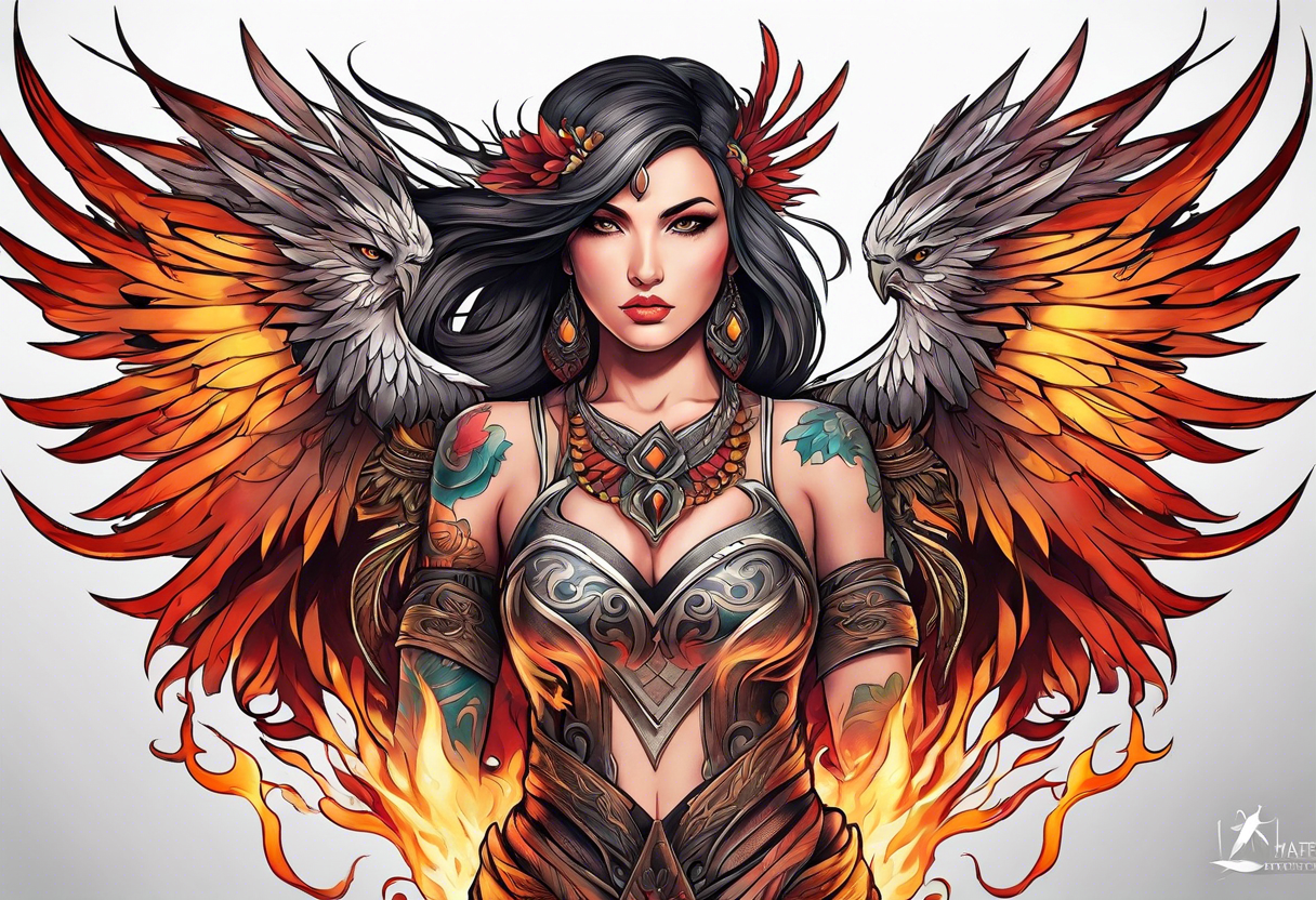 female phoenix scarred warrior with weapons burning tattoo idea
