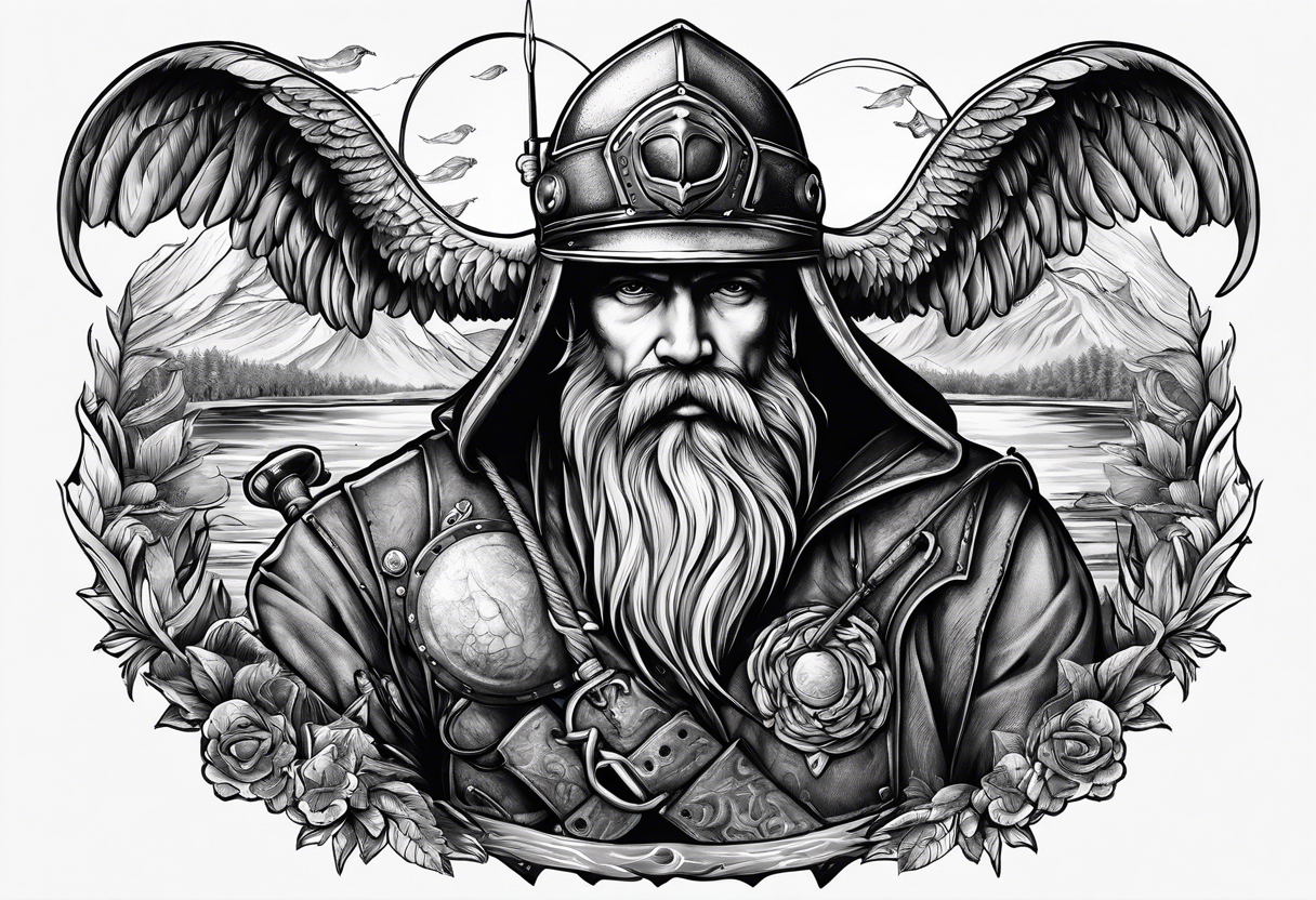 preparing fisherman at the pond, Angel, rams skull, gladiators helmet tattoo idea