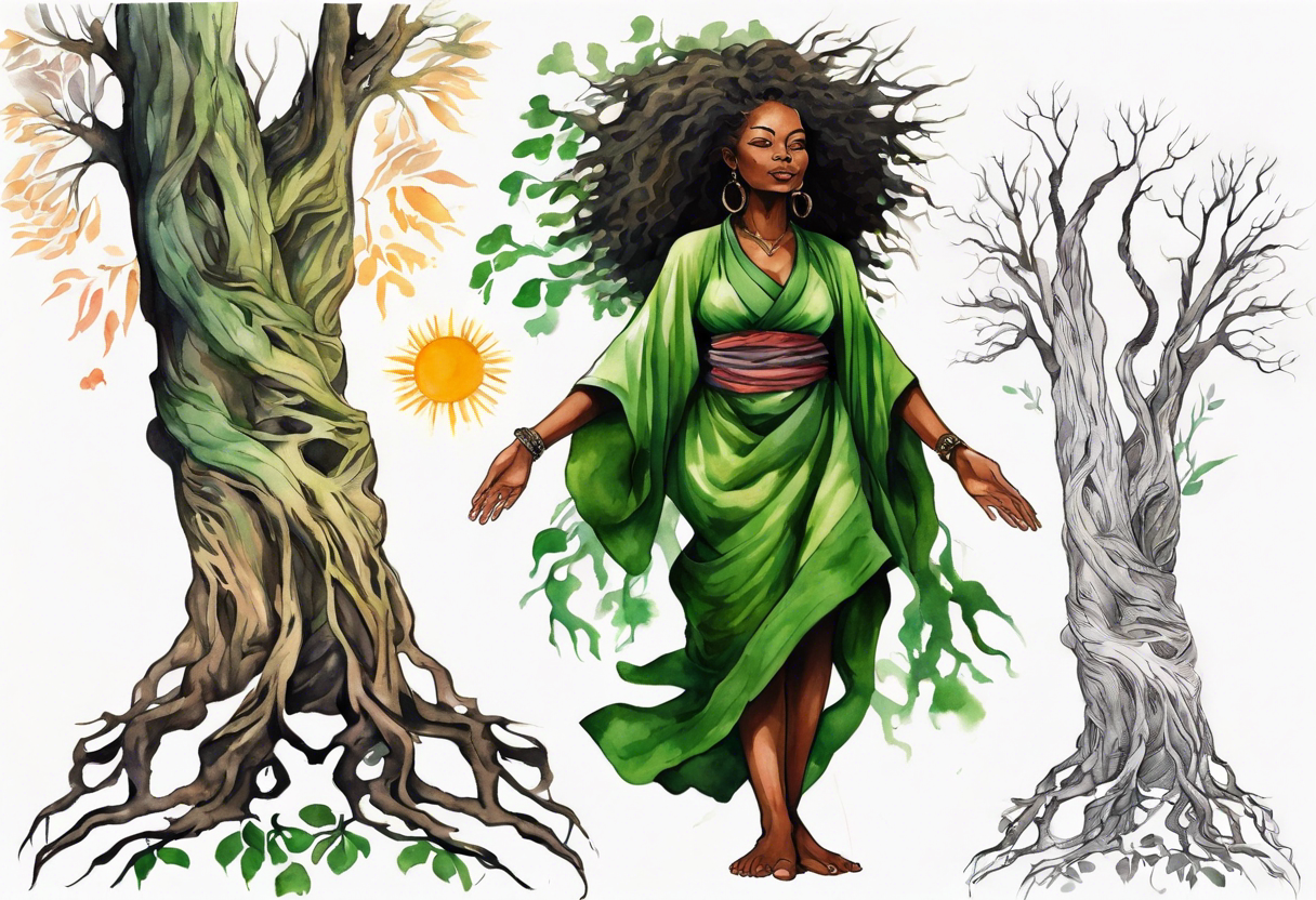 a tree trunk with roots that is a black woman from the waist up, feet made of tree roots, wearing a green tunic, arms stretched upwards towards the blazing sun tattoo idea