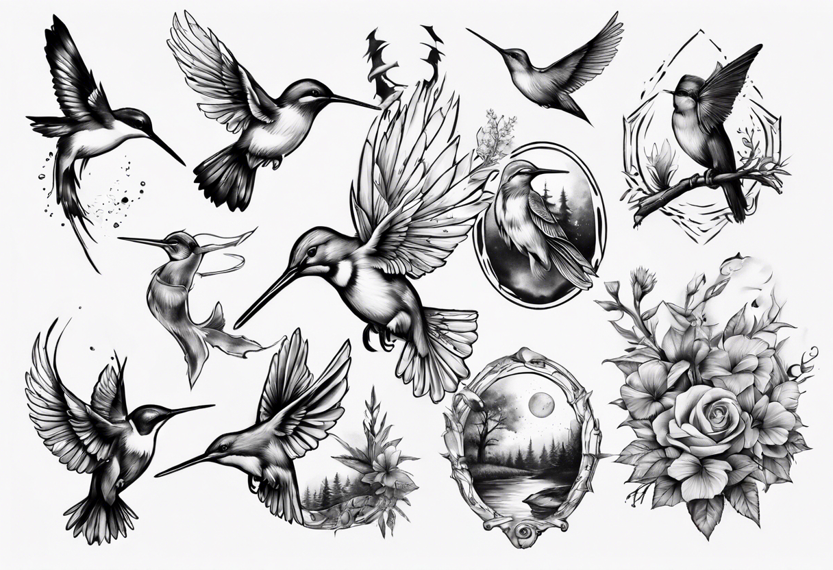 Wasser, Nymphe, Fisch, Hirsch, Wald, Waffe, Sonne, Kolibri tattoo idea