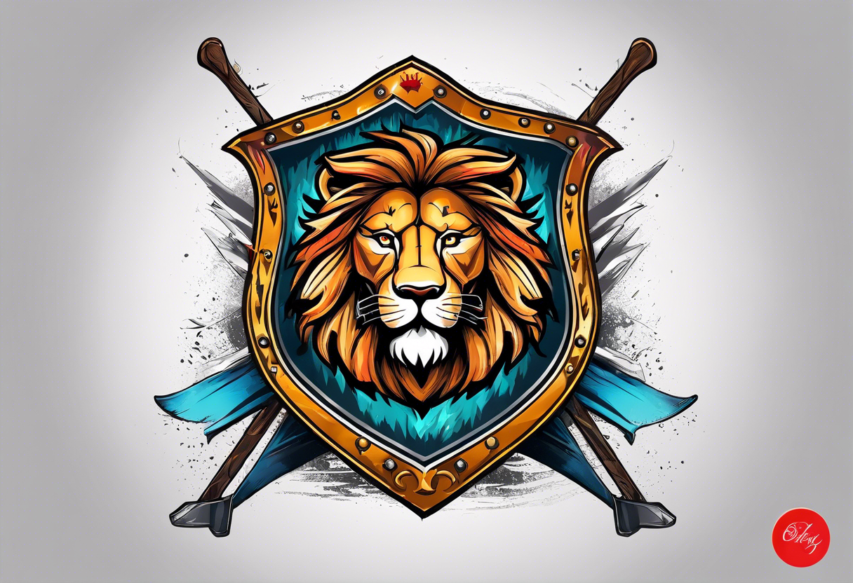 Epic shield with skis crossed behind it and a lion tattoo idea