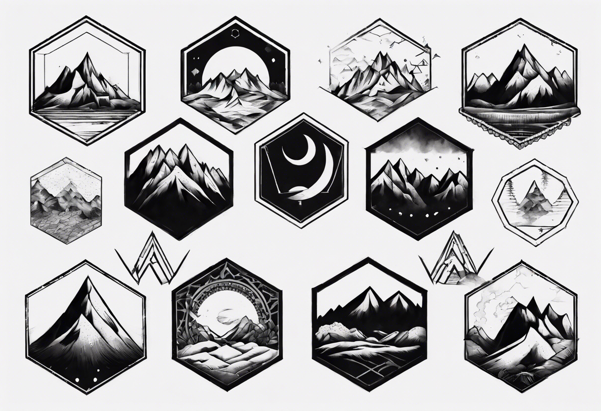 A hexagon with mountains extending beyond the boundary of the figure tattoo idea