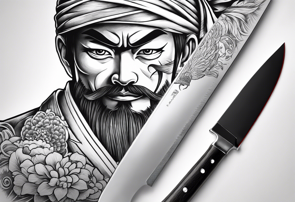 A japanese chef knife in front of Mugiwara Luffy tattoo idea