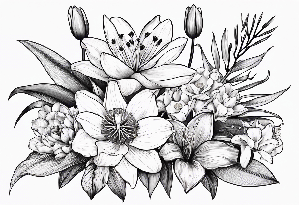 A small, line work bouquet of flowers with a water lily, gladiolus, poppy, lily of the valley, daffodil, and a honey suckle. With long stems and tied with a bow tattoo idea